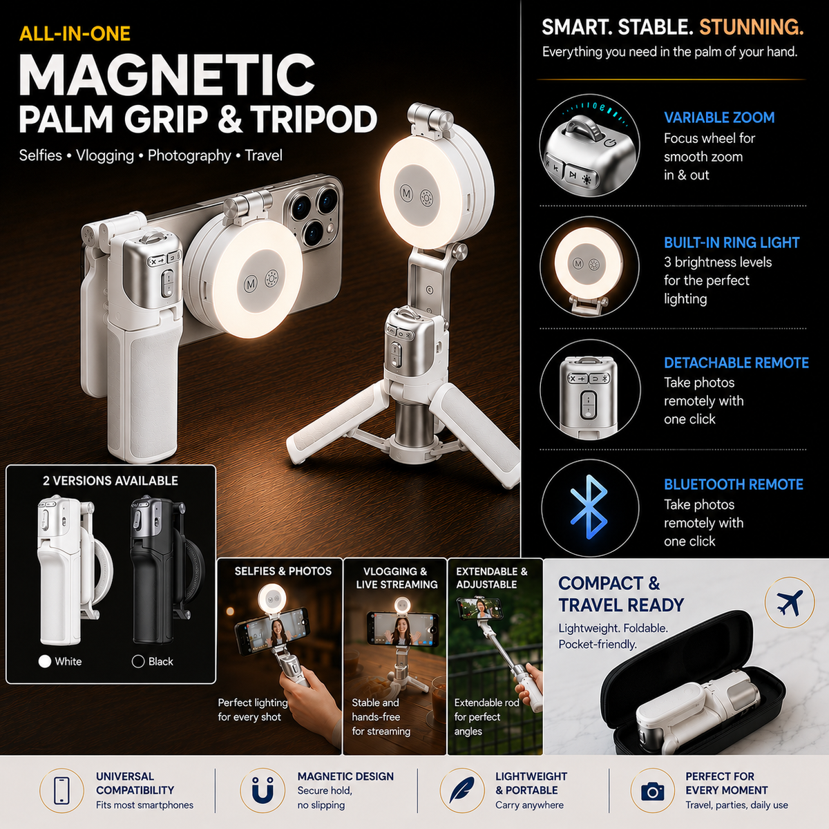 Magnetic Selfie Stick Pro™ – Tripod, Grip & Remote