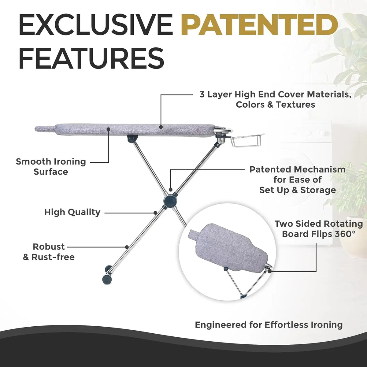 ° Dual-Sided Iron Board - Torso-Shaped Ironing Board Full Size with 8-Level Adjustable Height, Rotatable & Detachable Iron Holde