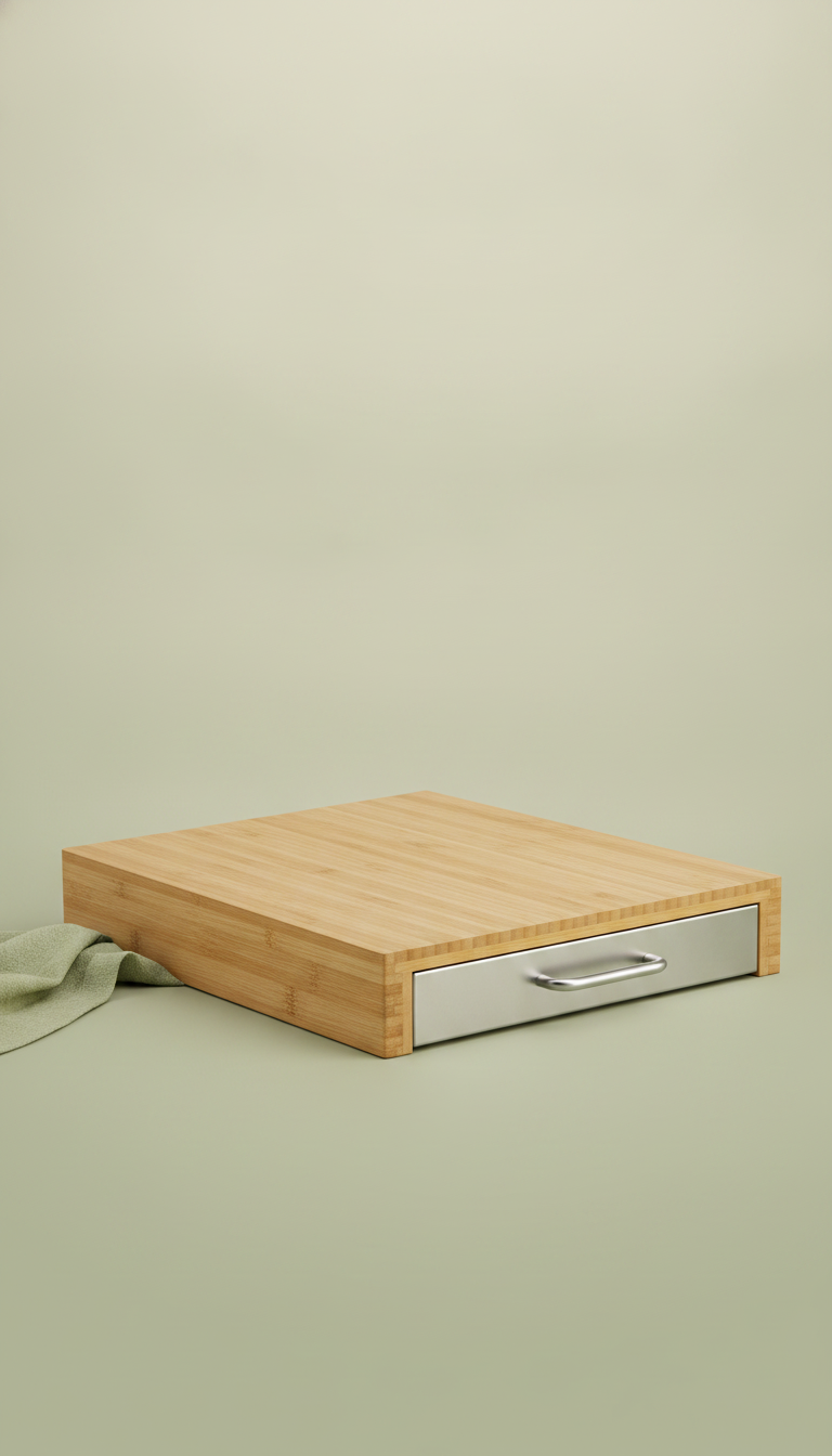 Cozozi Bamboo Cutting Board with integrated drawer, centered on a soft cream and sage green gradient background.