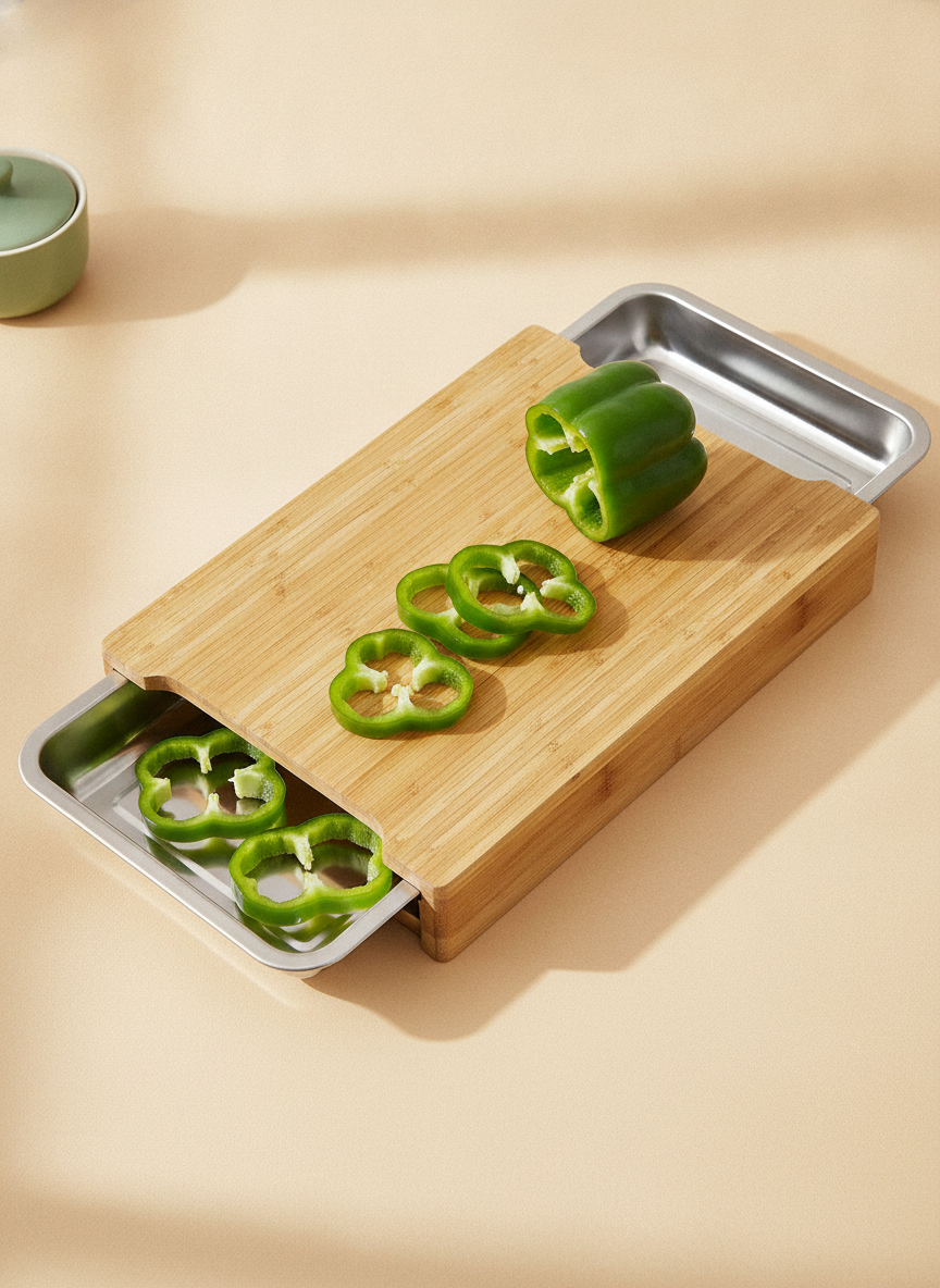 Cozozi Bamboo Cutting Board with its drawer partially open, a sliced green bell pepper on top, on a warm beige background wit