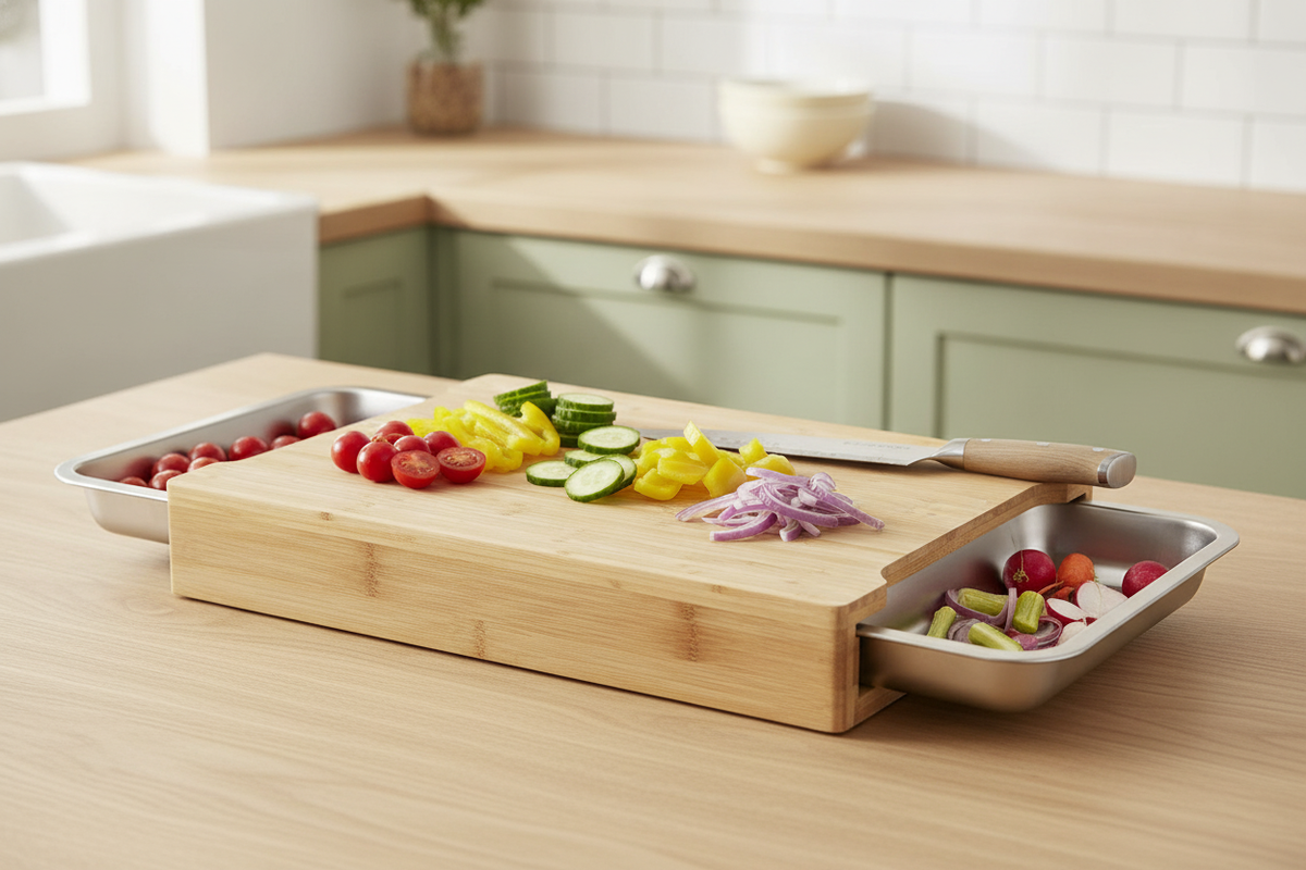 Cozozi Bamboo Cutting Board with drawer pulled out, holding chopped vegetables on a light wood kitchen counter.
